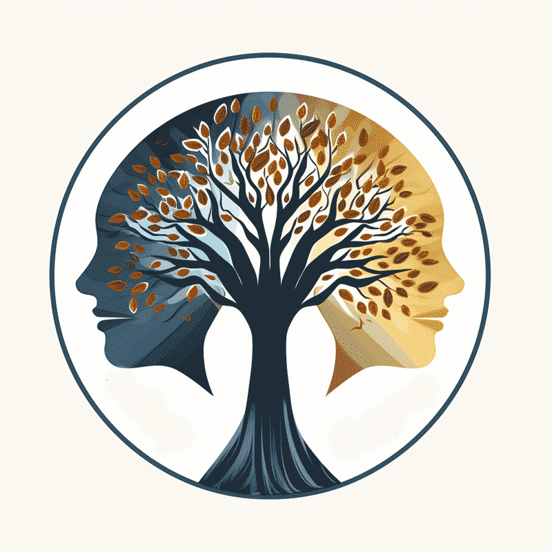 Artist render of the tree of life with two faces, one representing addiction and the other representing mental health.