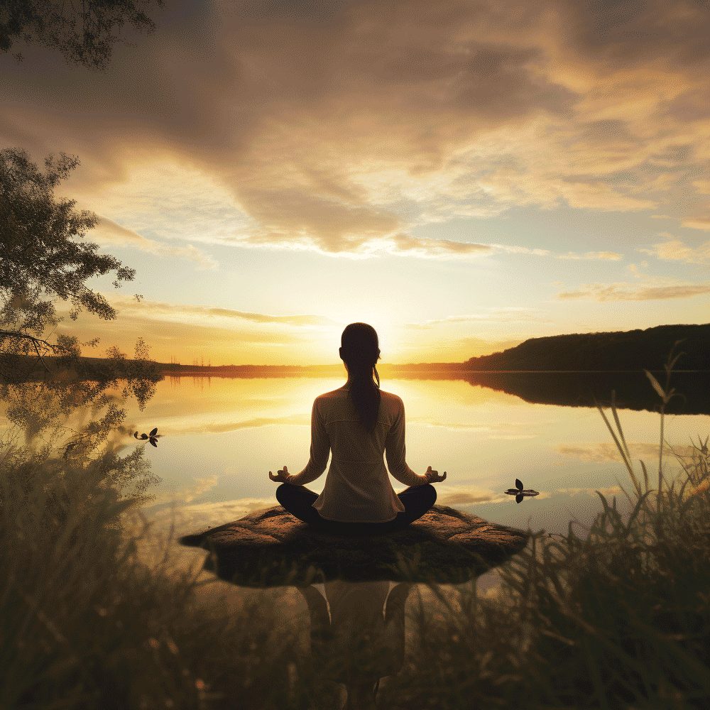 Woman facing sunrise while meditating.